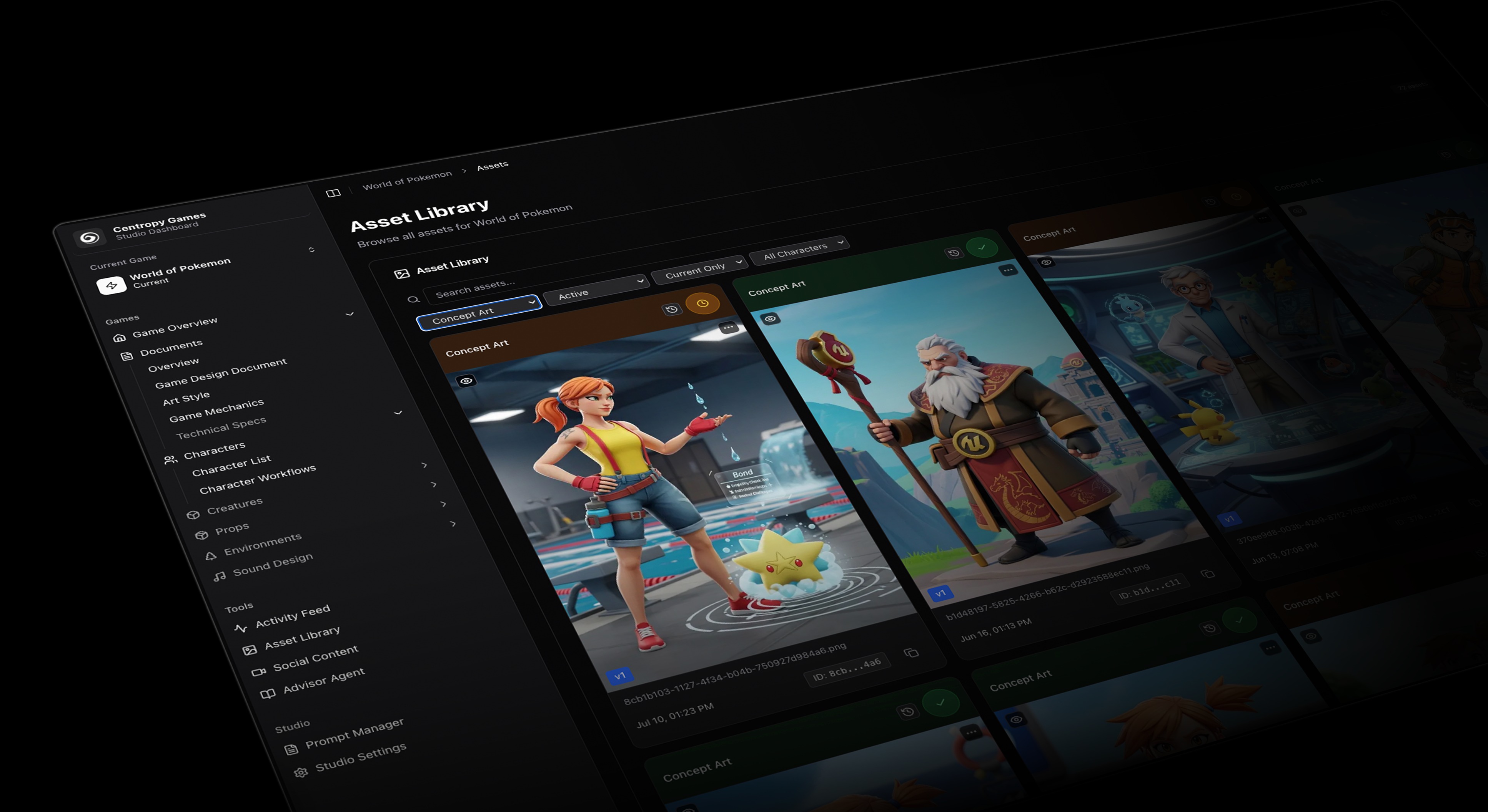 Centropy Games Dashboard - Asset Library showing World of Pokemon concept art and character assets